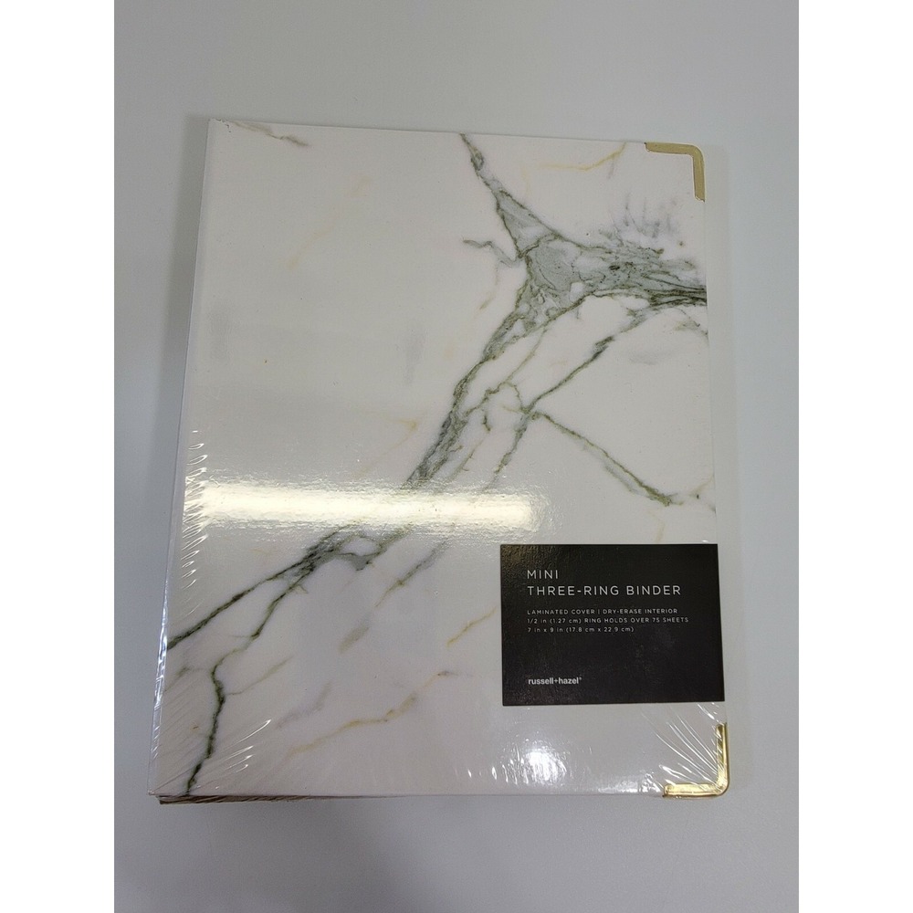 Russell+Hazel Mini 3 Ring Binder White Marble Gold Trim 0.5 Inch Laminated Cover